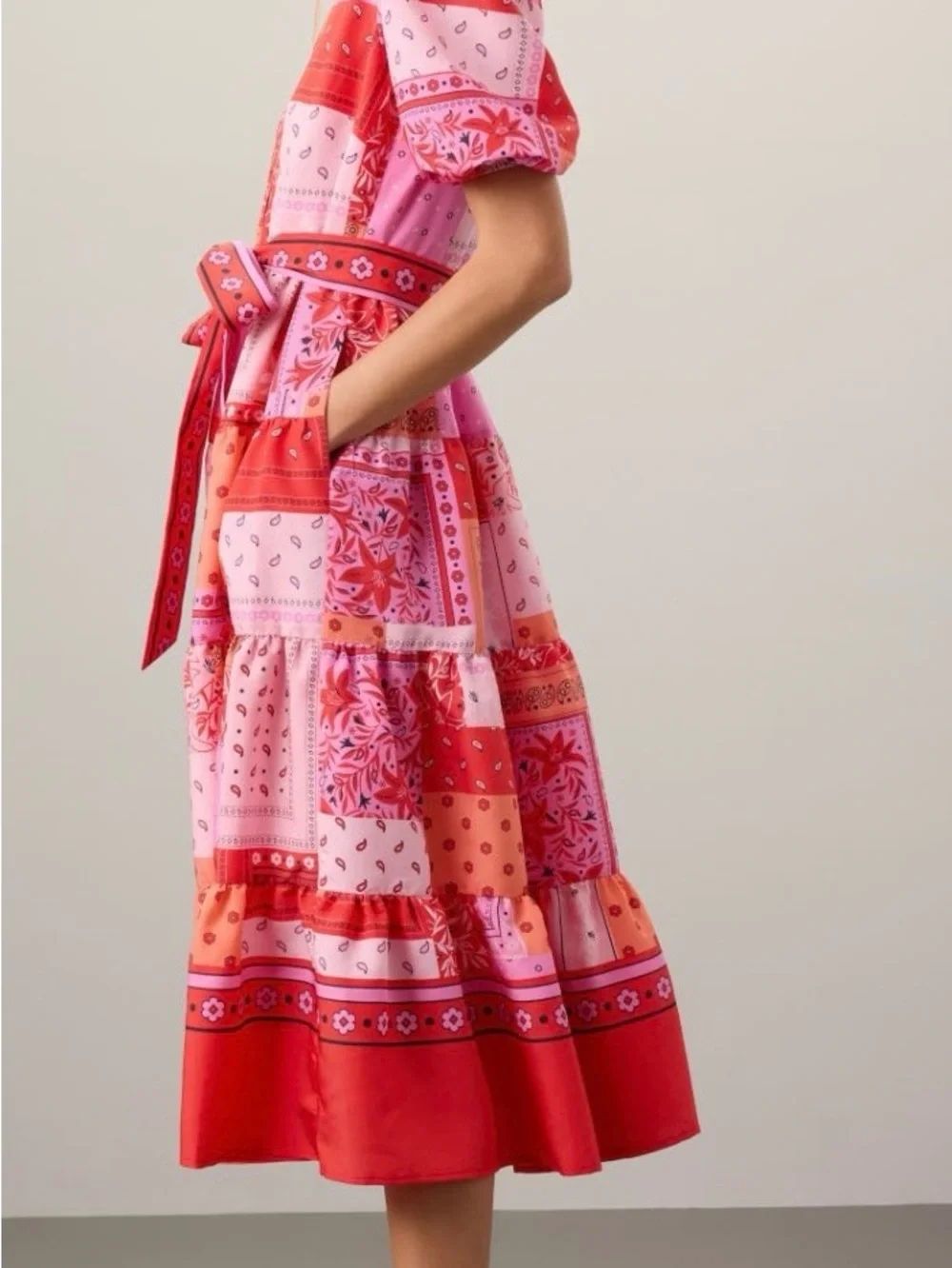 kate spade Pink and Red Patchwork Midi Dress with Waist Tie